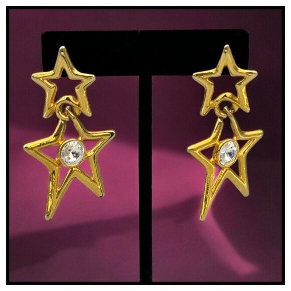 80s / 90s Glam Rockstar Gold Star & Rhinestone Vintage Dangle Costume Earrings - Picture 1 of 7